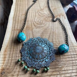 Turquoise and Bronze Medallion Necklace with Intricate Design